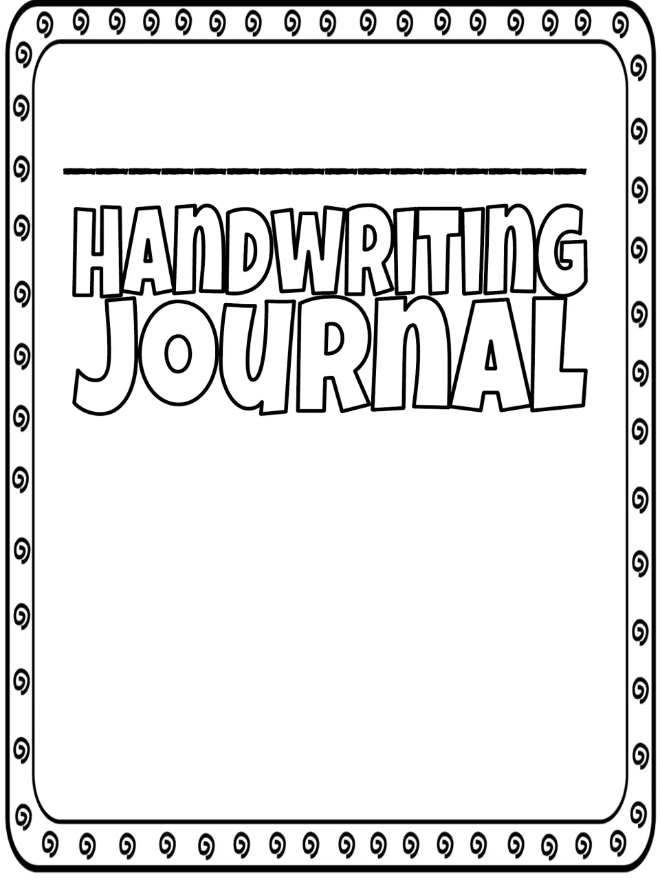 Handwriting Journal cover to color edged with swirl doodles, with a name blank and a large open area to decorate