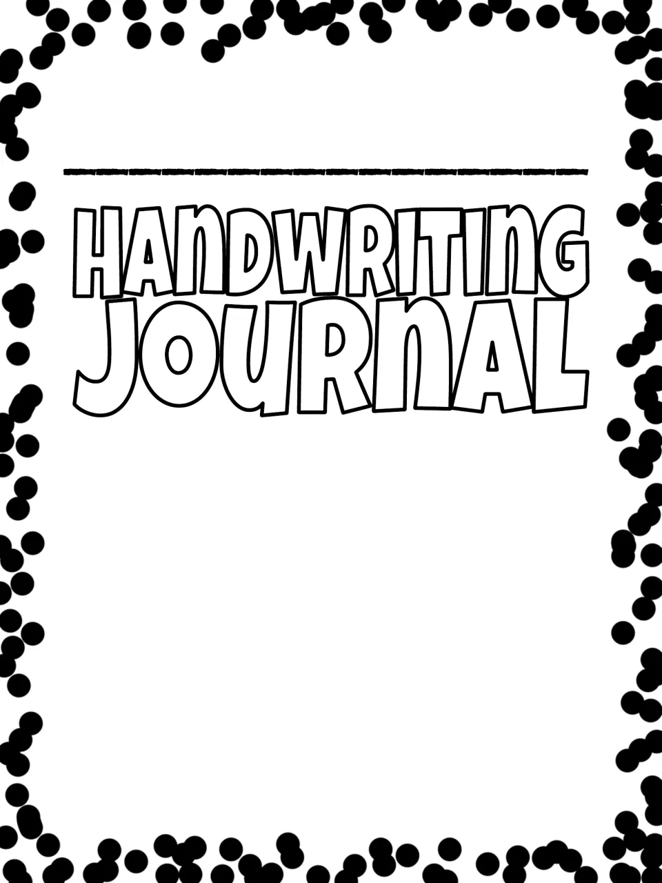 Handwriting Journal cover to color surrounded by polka dots, with a name blank and empty space for students to decorate
