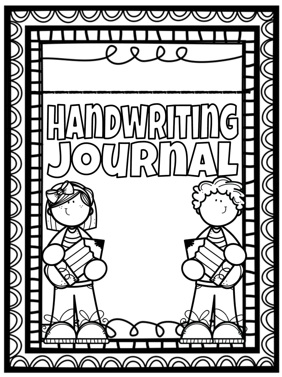 Handwriting Journal cover to color in a scalloped loop design, showing a girl and boy holding pencils beneath a name blank