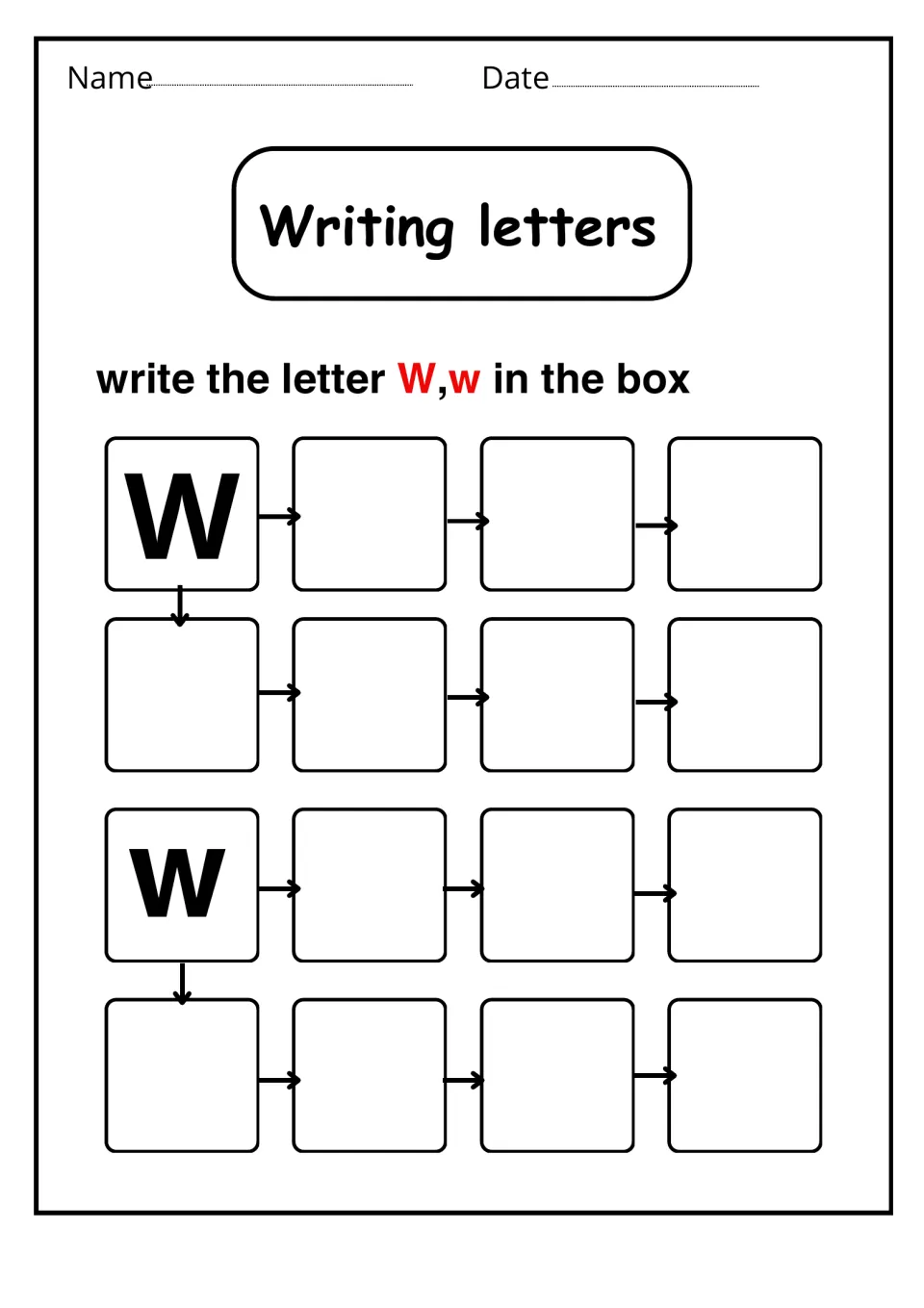 Writing letters: students copy uppercase W and lowercase w again and again, following arrows from each model letter