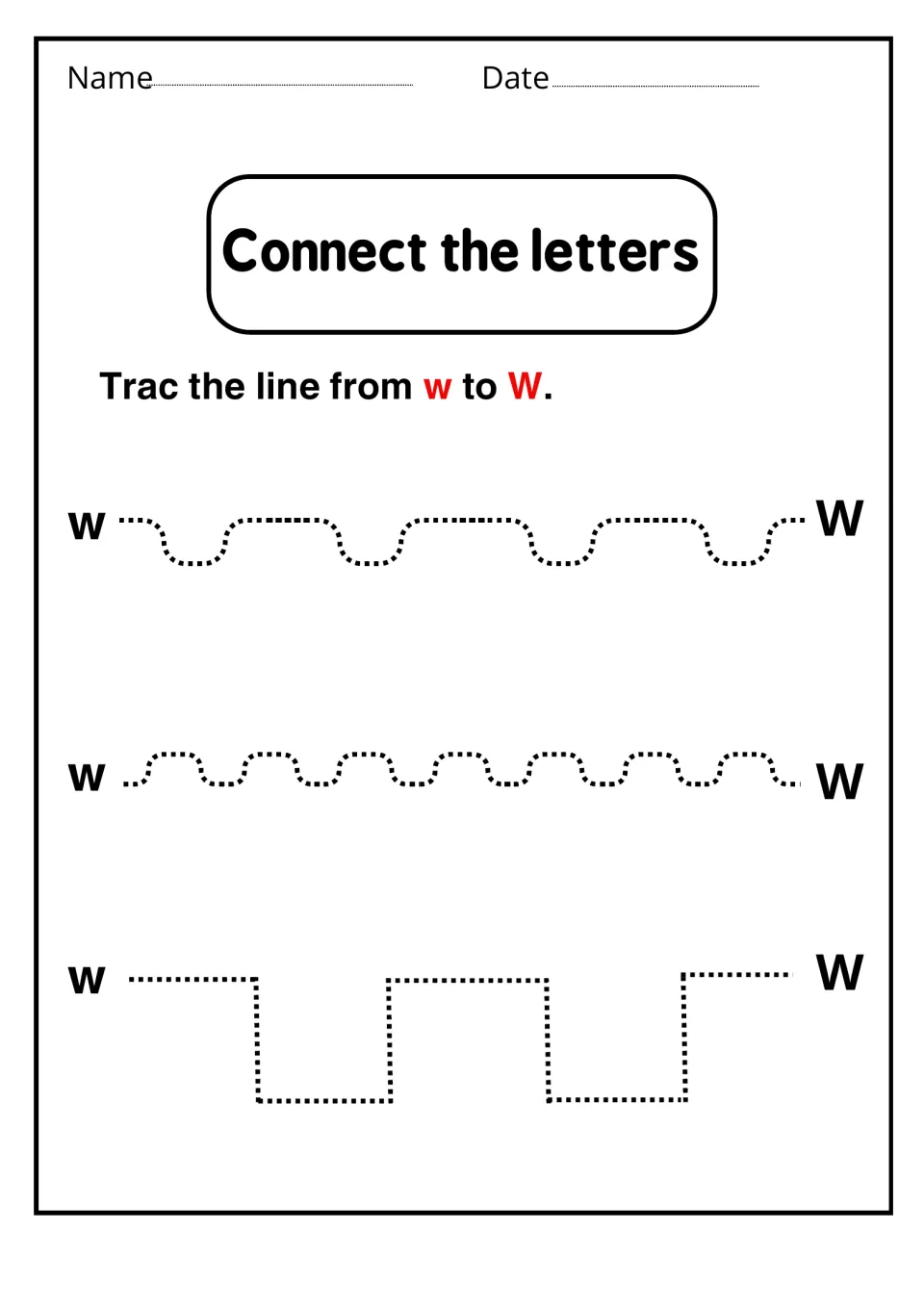 Connect the letters: students trace three dotted wavy and stepped paths from lowercase w to uppercase W for pencil control