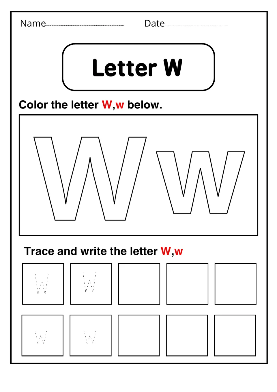 Letter W: students color a large outlined W and w, then trace dotted W and w and write more on their own