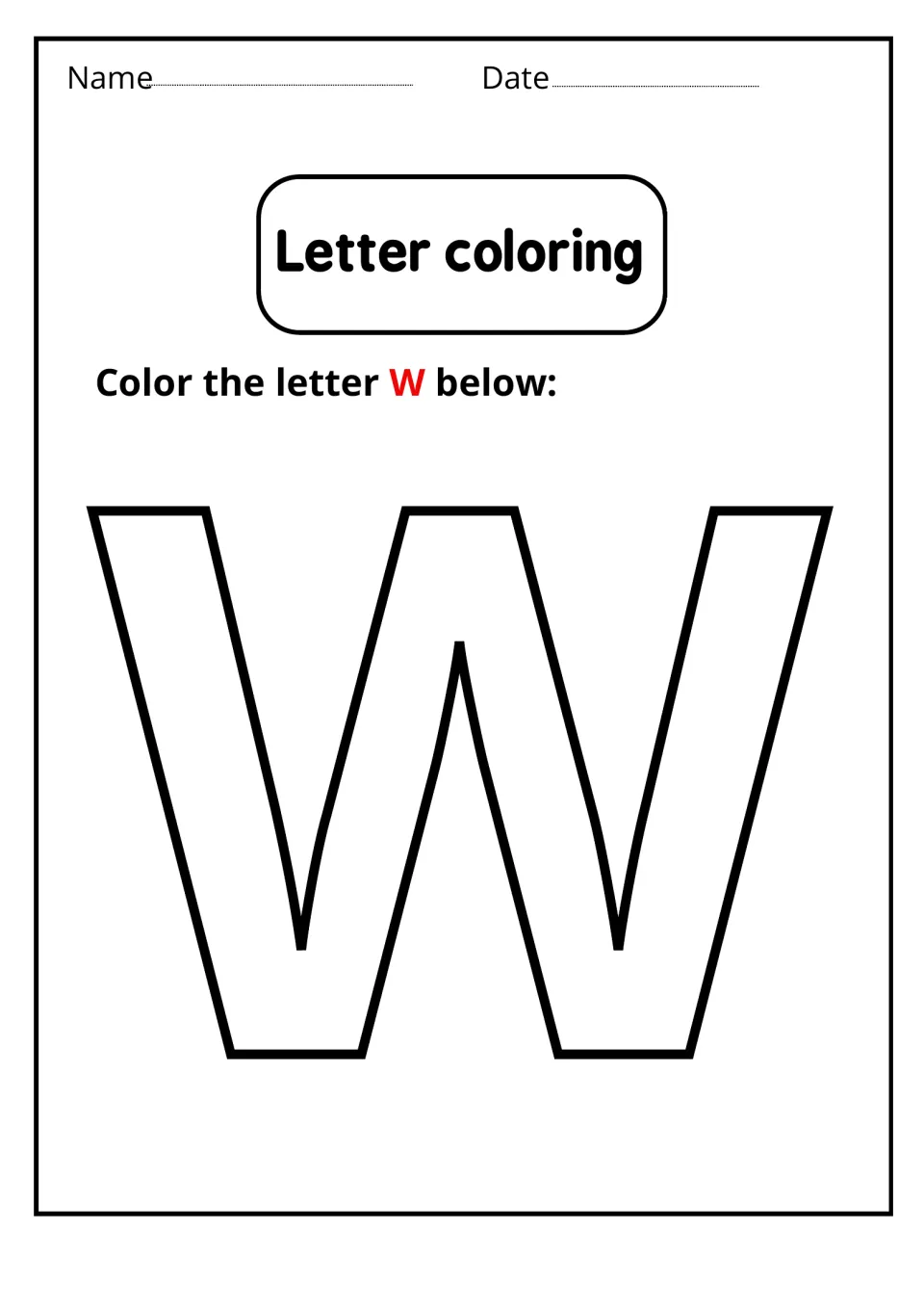 Letter coloring: students color in one large outlined uppercase W, practising recognition of the capital letter's shape