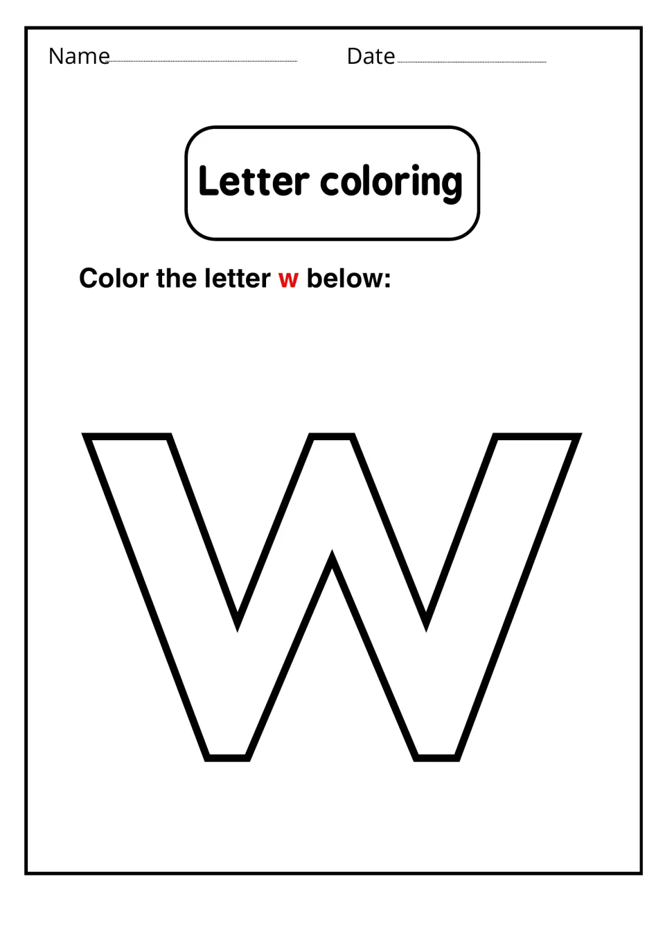 Letter coloring: students color in one large outlined lowercase w, practising recognition of the small letter's shape