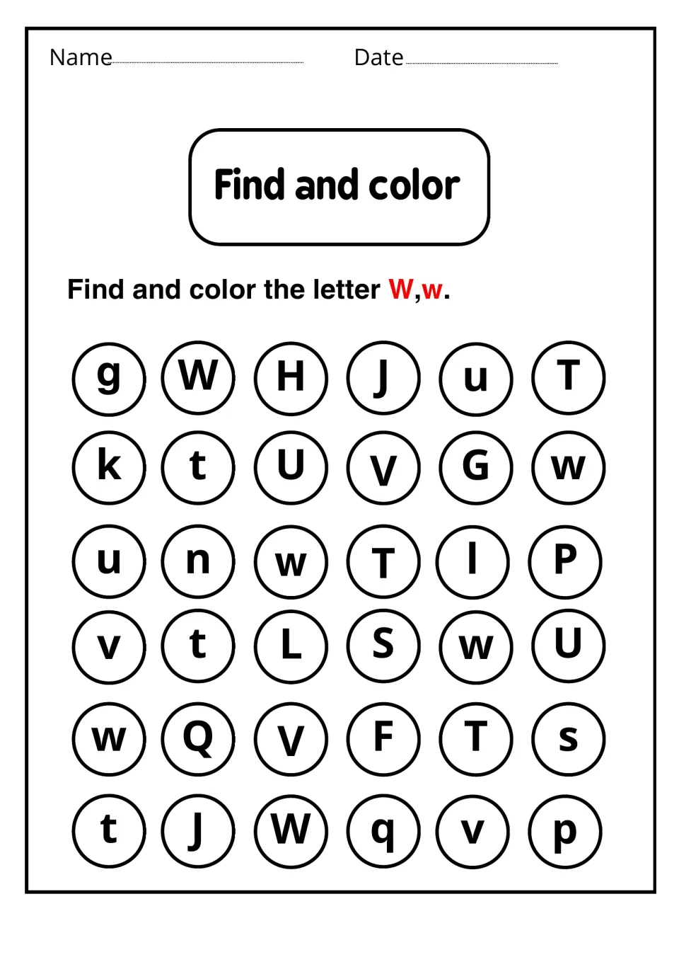 Find and color: students spot and color every W and w among 36 circled mixed letters, practising letter recognition