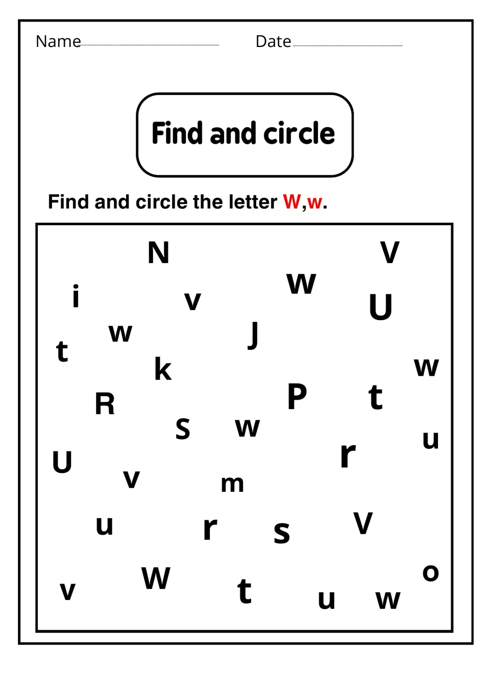 Find and circle: students hunt through scattered letters such as v, u and N and circle each uppercase W and lowercase w