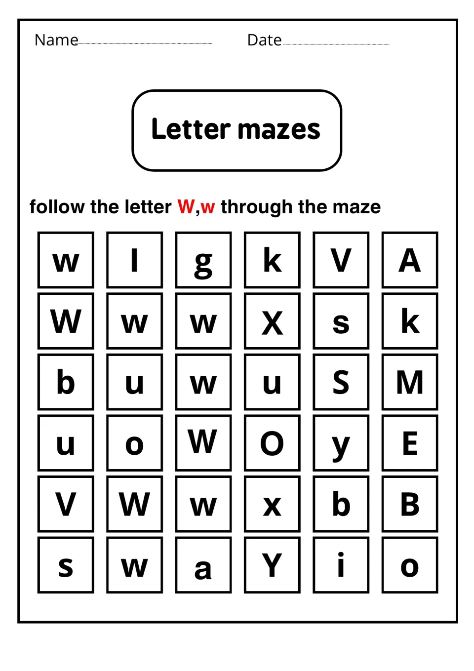 Letter mazes: students follow a path of W and w through a 6 by 6 letter maze, skipping distractors like V, u and k