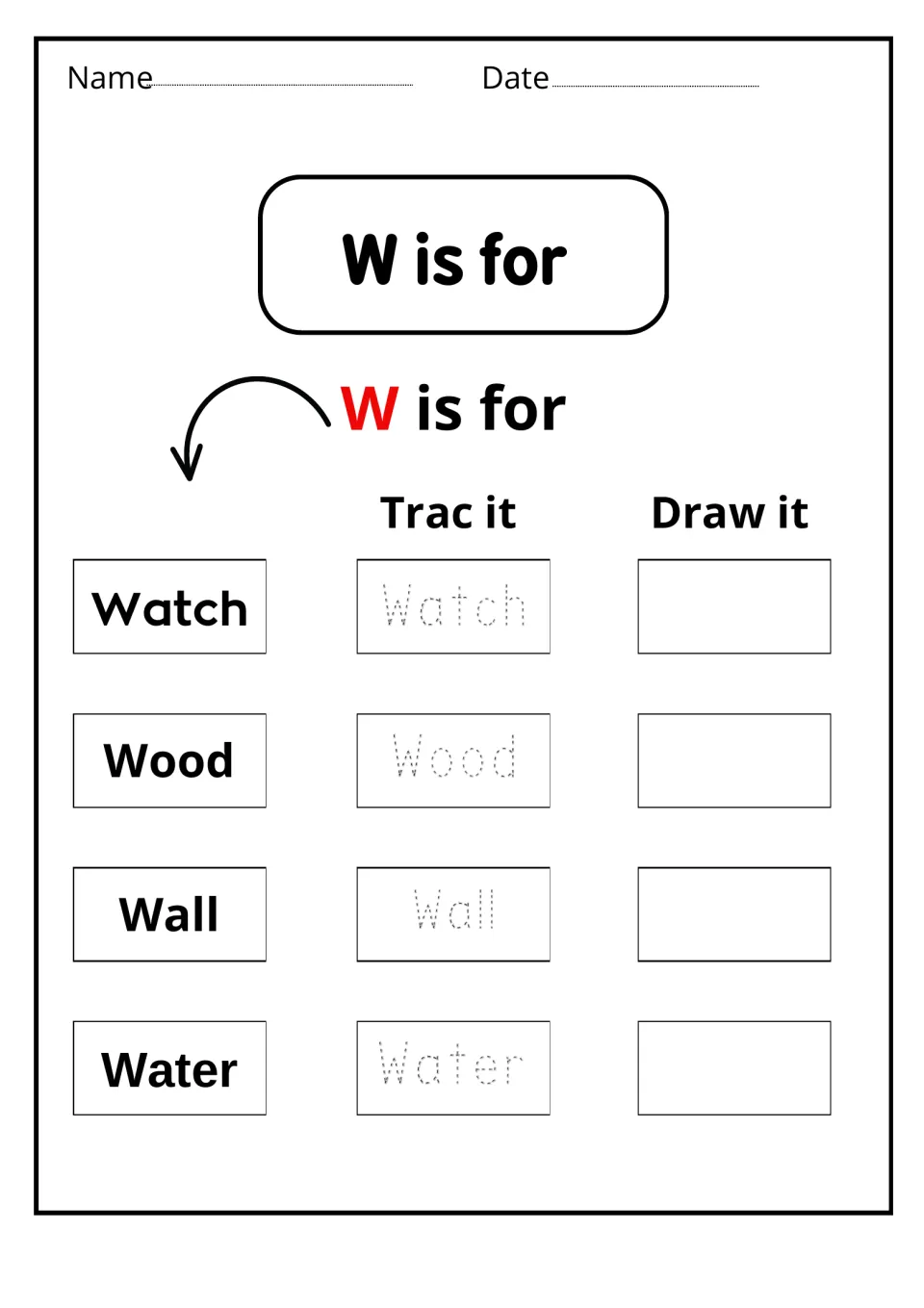 W is for: students read Watch, Wood, Wall and Water, trace each dotted word, then draw a picture of it