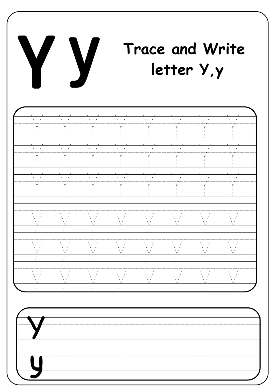 Letter Y handwriting worksheet: trace three rows each of uppercase Y and lowercase y, then write both.