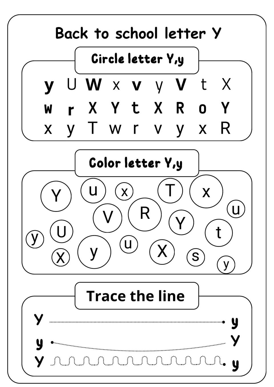 Letter Y recognition worksheet: circle and color uppercase Y and lowercase y, then trace three paths.