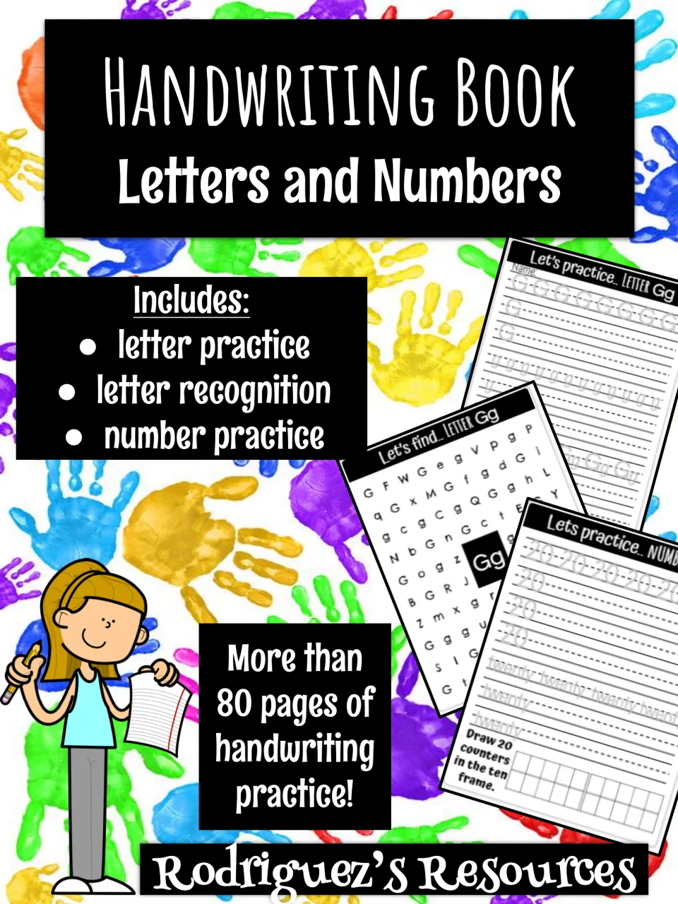 Handwriting Book cover for letters and numbers listing letter practice, letter recognition and number practice pages