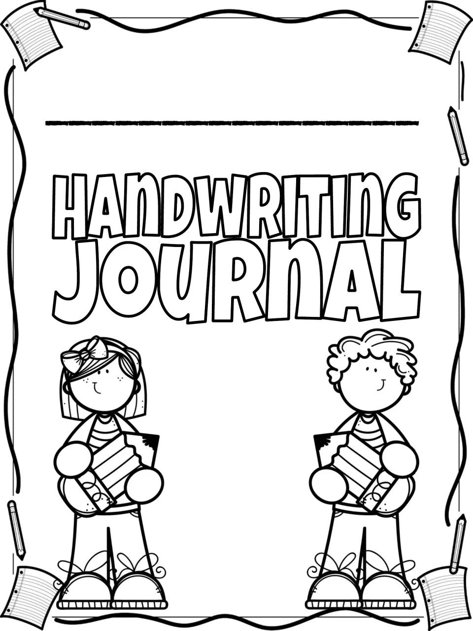 Handwriting Journal cover: students write their name above the title; a girl and boy hold giant pencils