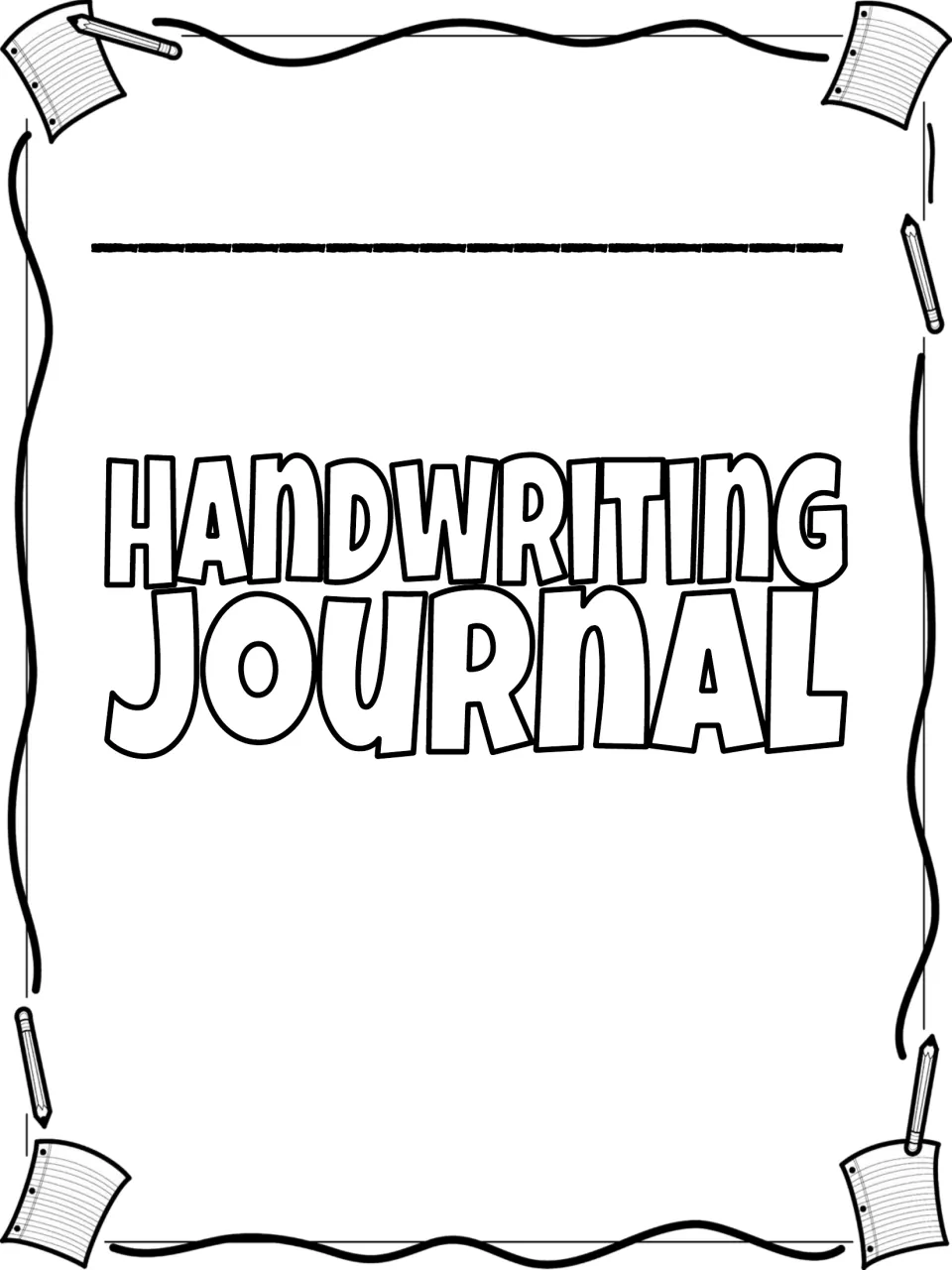 Handwriting Journal cover with a name line over the outlined title and pencil-and-paper corner art, with no children shown