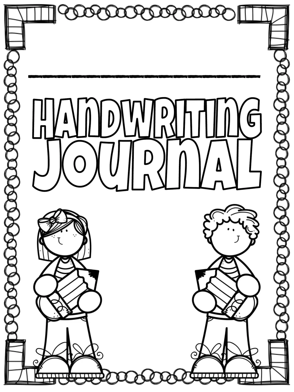 Handwriting Journal cover in loop-chain design with a name line, the outlined title, and a girl and boy holding big pencils