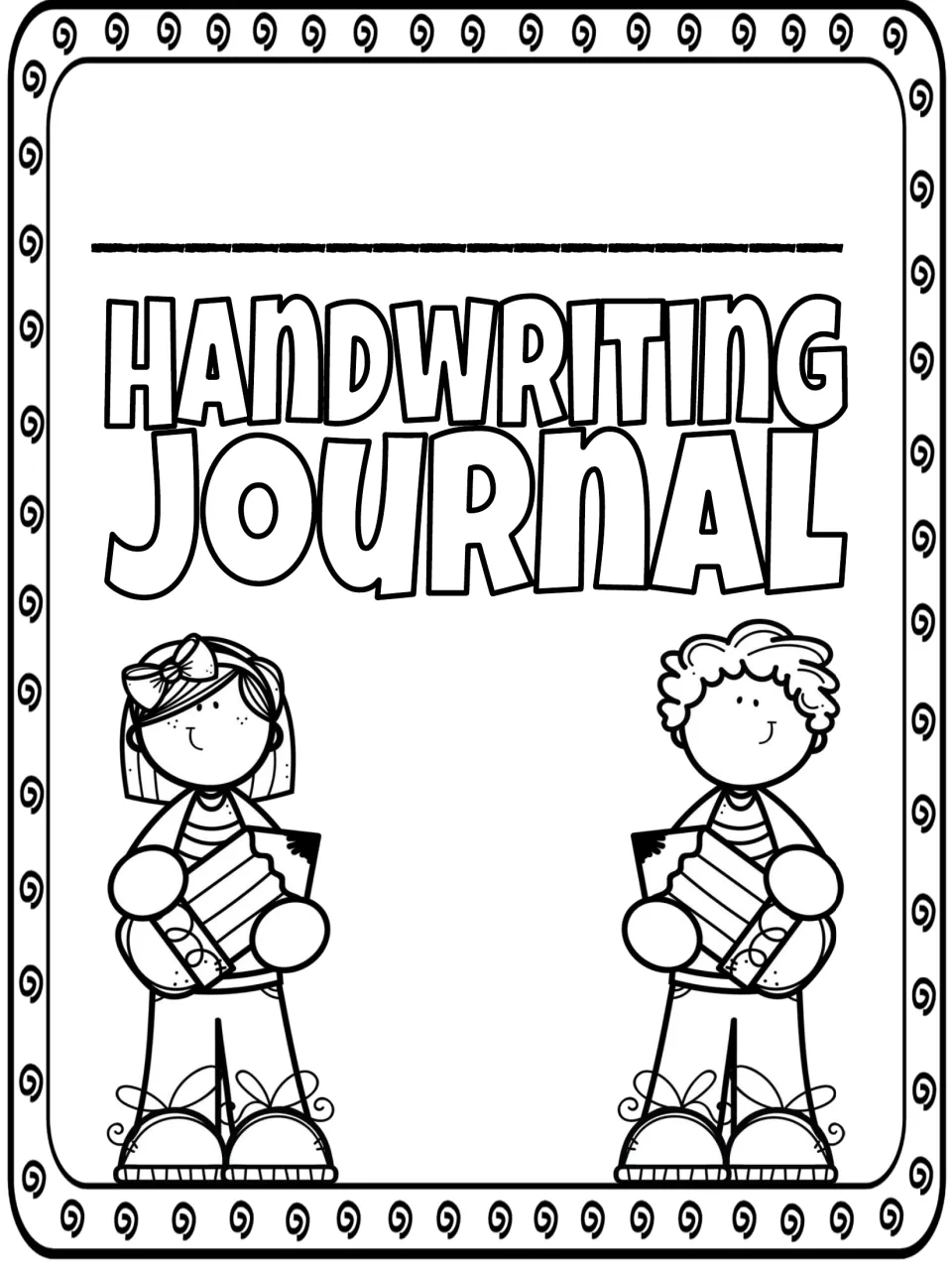 Handwriting Journal cover in swirl design: name line, outlined title, and two children hugging oversized pencils