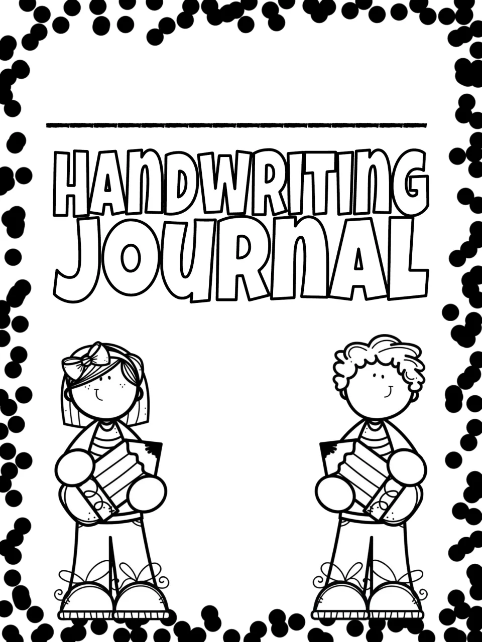 Handwriting Journal cover in polka-dot design with a name line, outlined title, and a girl and boy carrying pencils