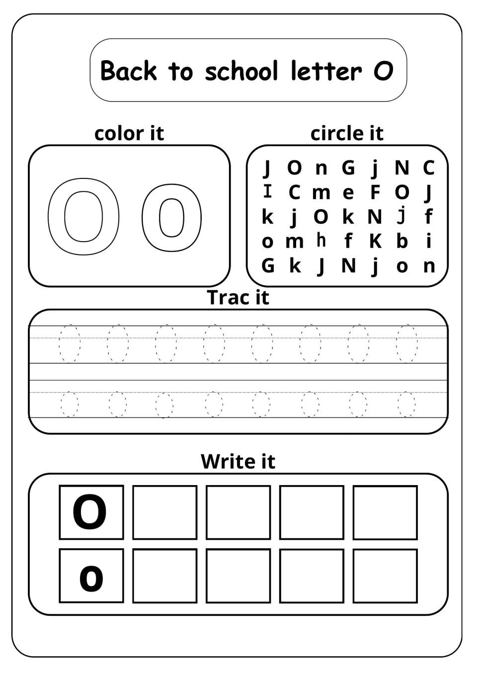 Back to school letter O: students color O and o, circle O in a letter jumble, trace rows of O and o, then write each