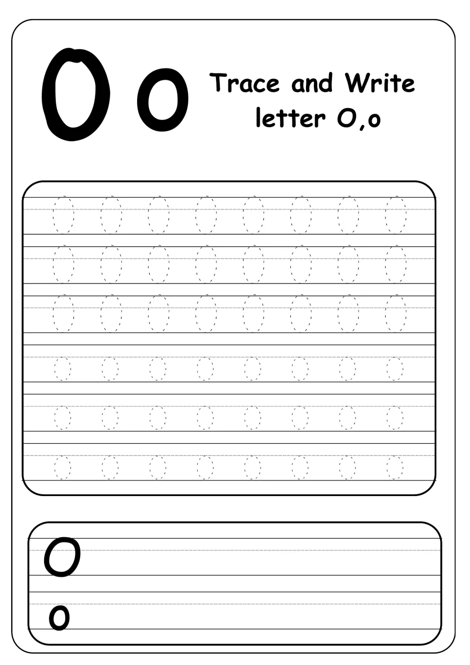 Trace and Write letter O,o: students trace three rows of dotted capital O and three of lowercase o, then write both
