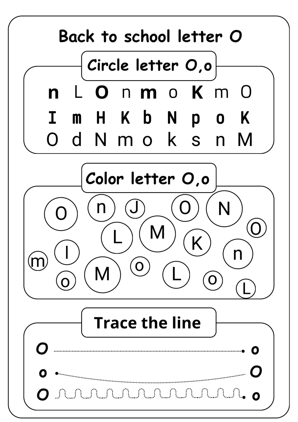 Letter O recognition: students circle O and o among mixed letters, color the O bubbles and trace lines from O to o