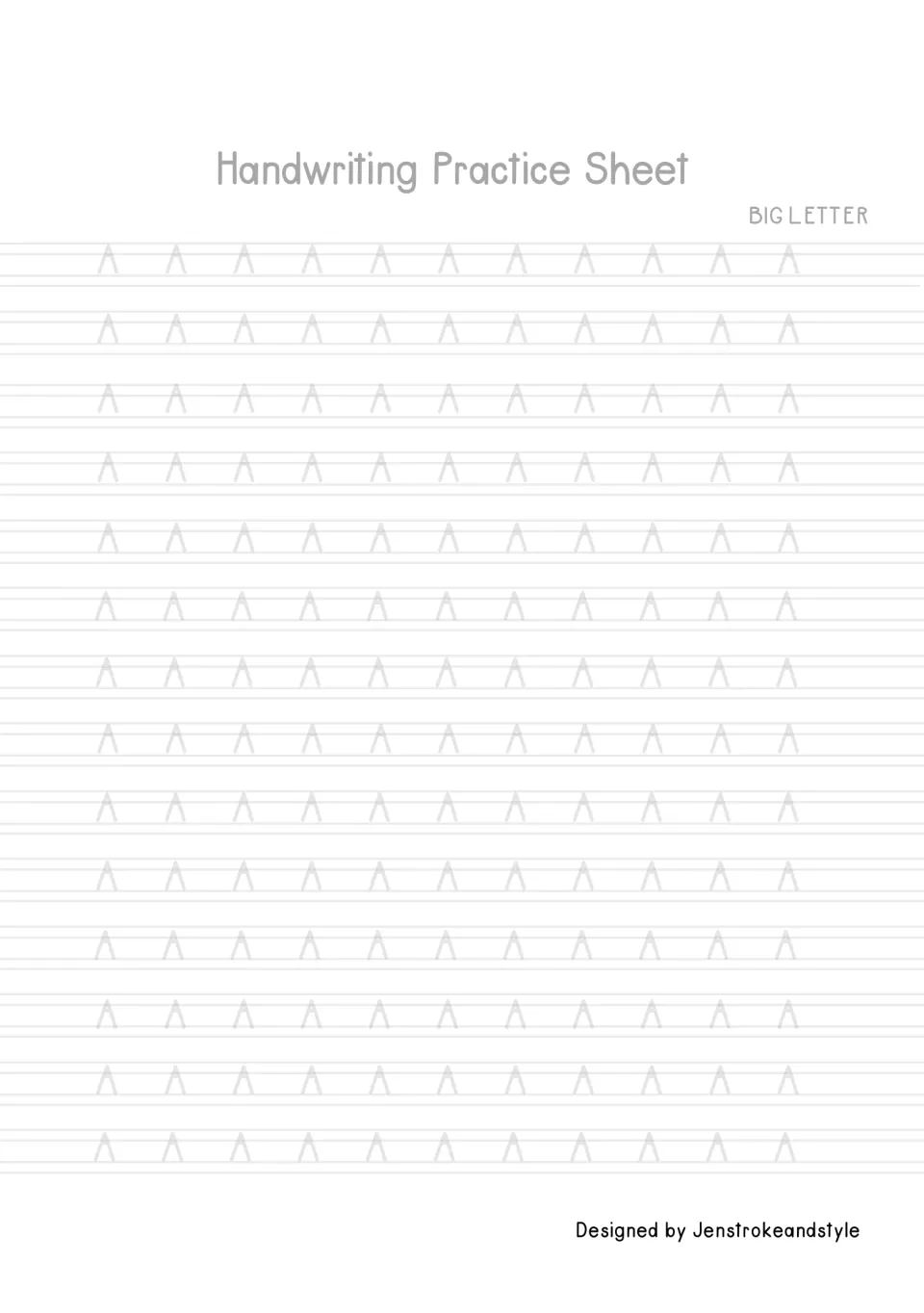 Capital letter A tracing: students trace 154 faded uppercase A's, practising two slanted strokes joined by a crossbar