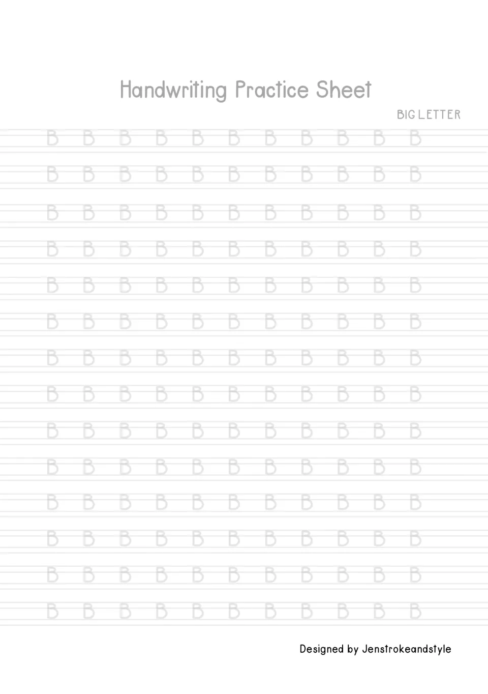Capital letter B tracing: students trace 154 faded uppercase B's, forming a tall straight stroke with two rounded bumps