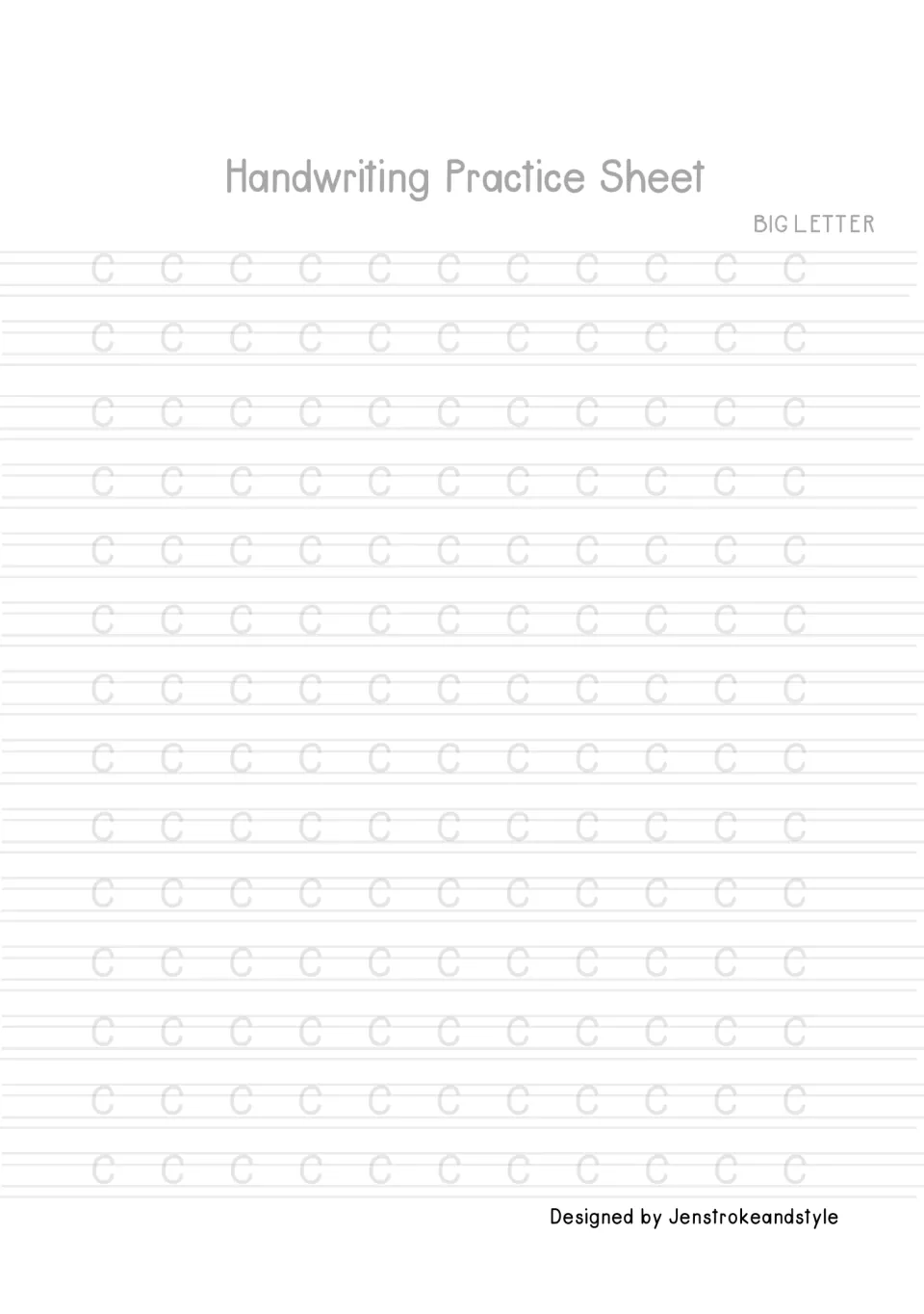 Capital letter C tracing: students trace 154 faded uppercase C's to practise one smooth, open curved stroke