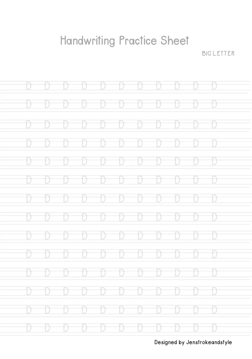 Capital letter D tracing: students trace 154 faded uppercase D's, pairing a straight down stroke with one large curve