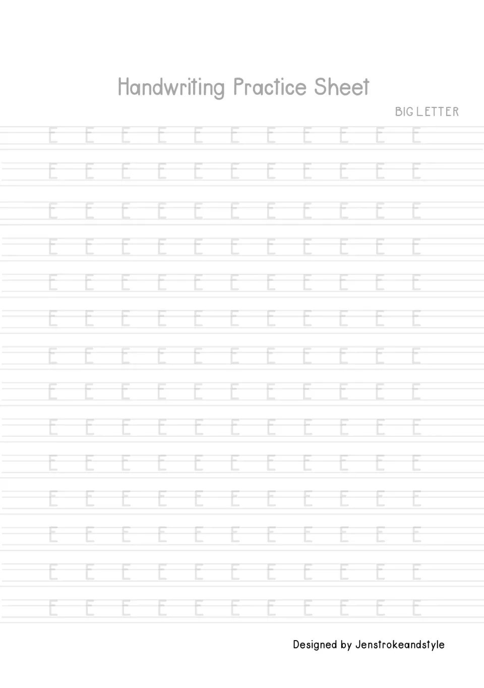 Capital letter E tracing: students trace 154 faded uppercase E's, practising one vertical stroke and three short crossings