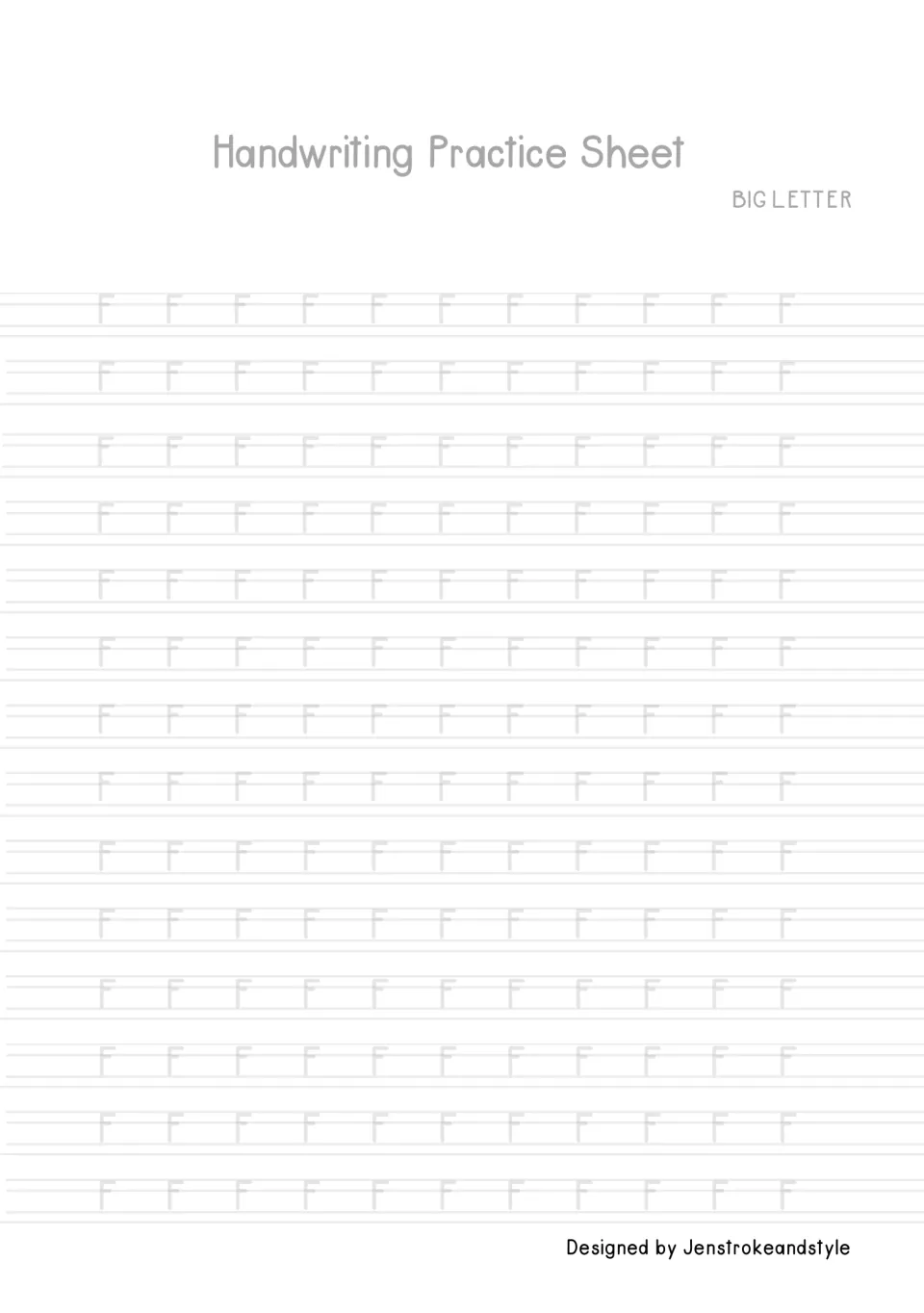 Capital letter F tracing: students trace 154 faded uppercase F's, forming a vertical stroke with two short strokes on top
