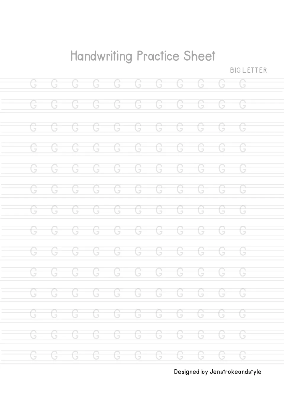 Capital letter G tracing: students trace 154 faded uppercase G's, practising a wide curve that ends in a short inward bar