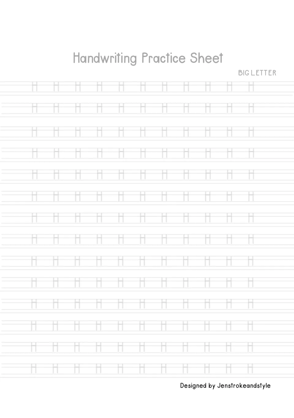Capital letter H tracing: students trace 154 faded uppercase H's, drawing two tall upright strokes linked by a crossbar