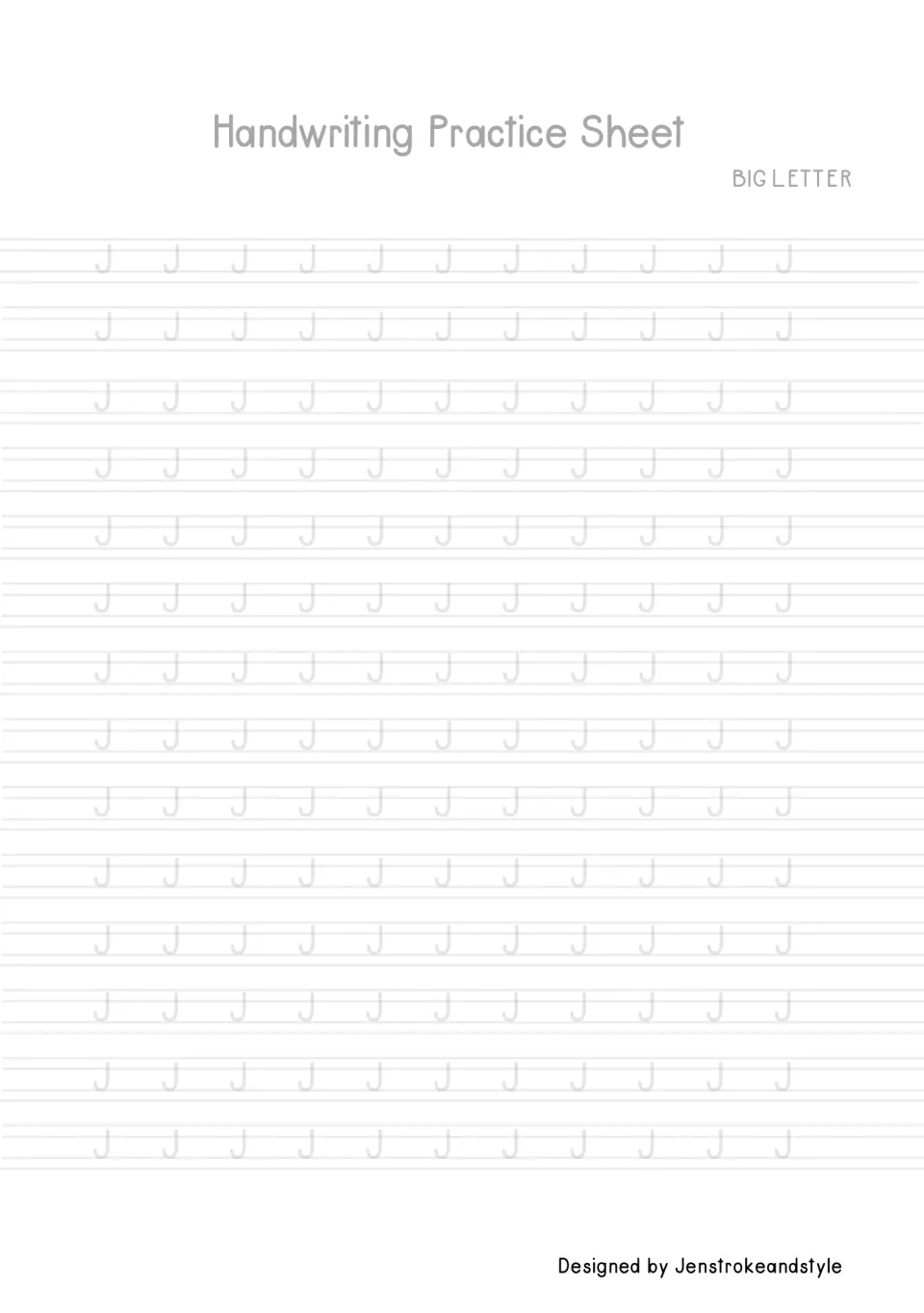 Capital letter J tracing: students trace 154 faded uppercase J's, practising a straight downstroke finished with a hook