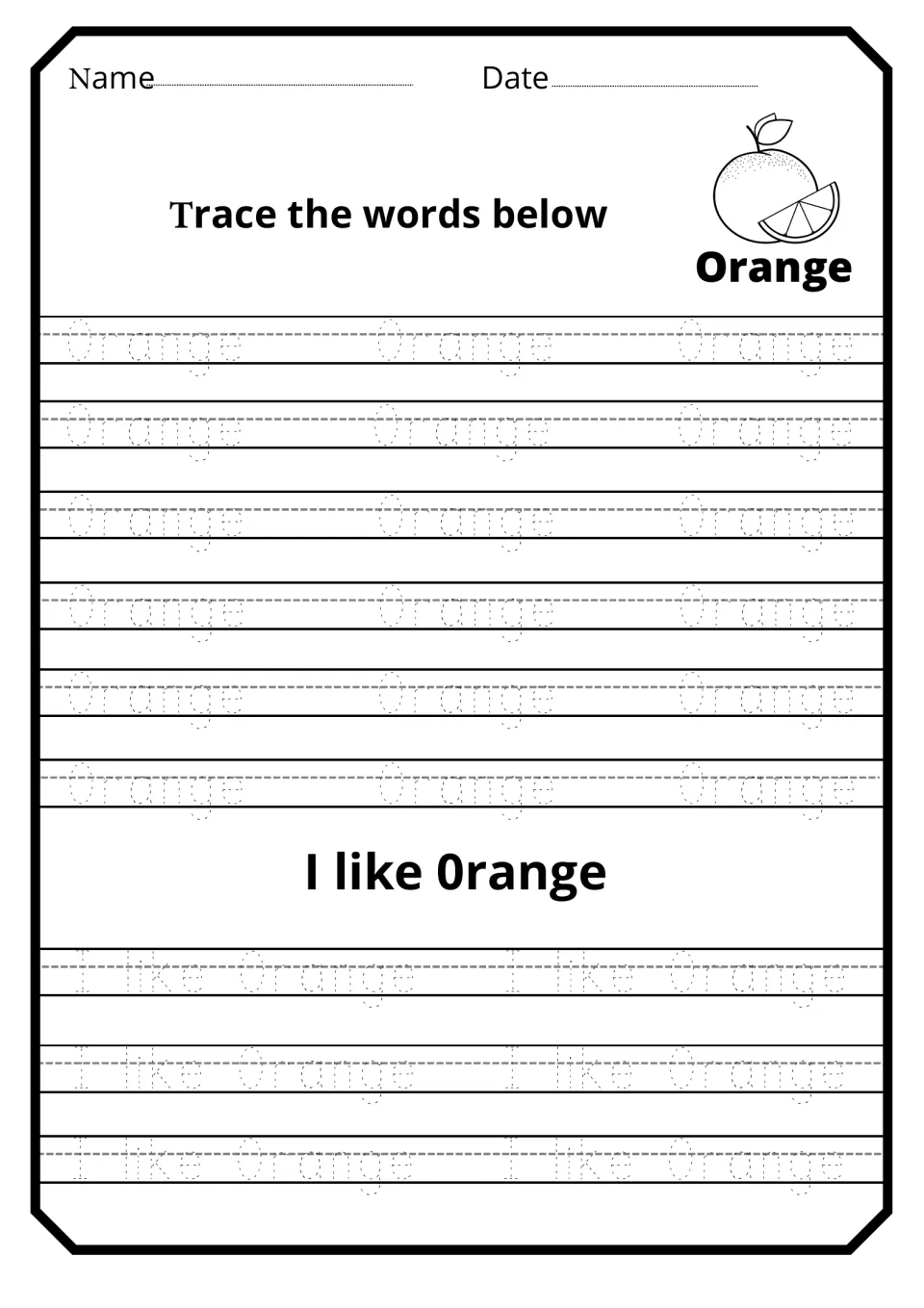 Orange word tracing: students trace the dotted word Orange 18 times, then trace the sentence I like Orange six times