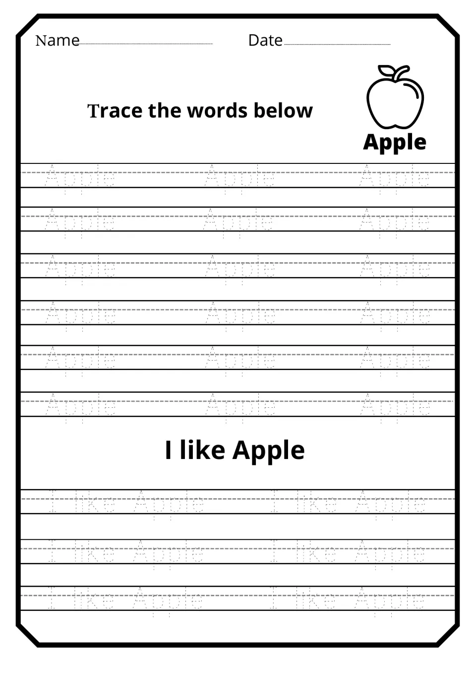 Apple handwriting practice: students trace the dotted word Apple 18 times and trace the sentence I like Apple six times