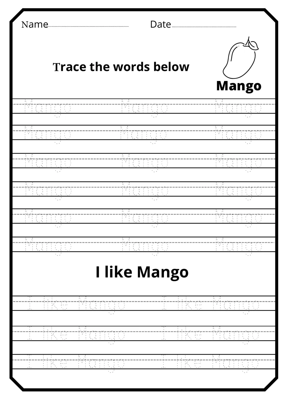 Mango word tracing: students follow dotted letters to write Mango 18 times and trace the sentence I like Mango six times