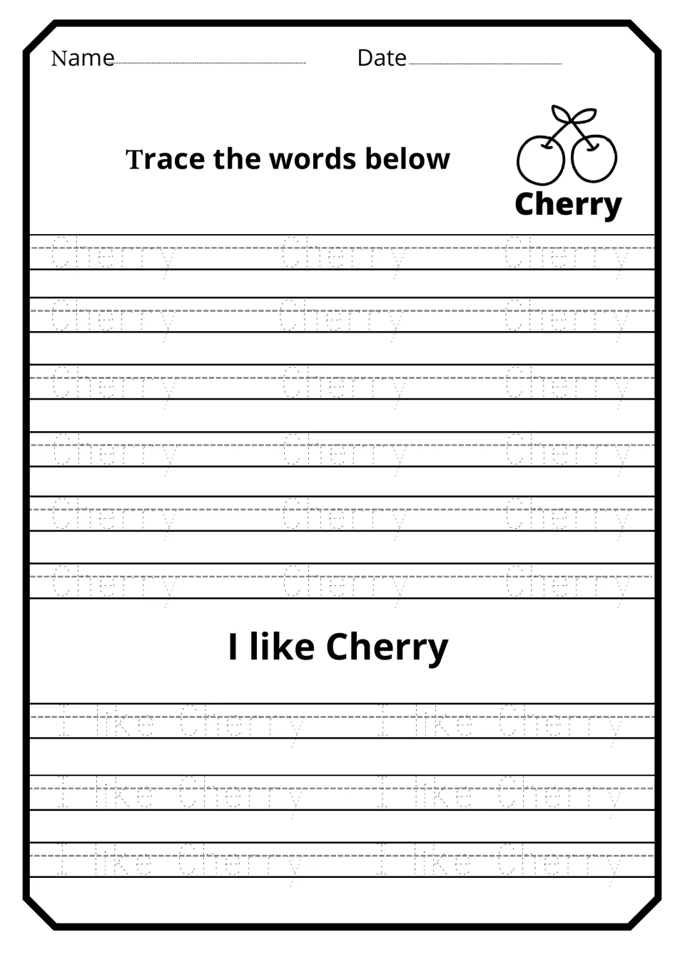 Cherry handwriting tracing: students trace the dotted word Cherry 18 times and the sentence I like Cherry six times