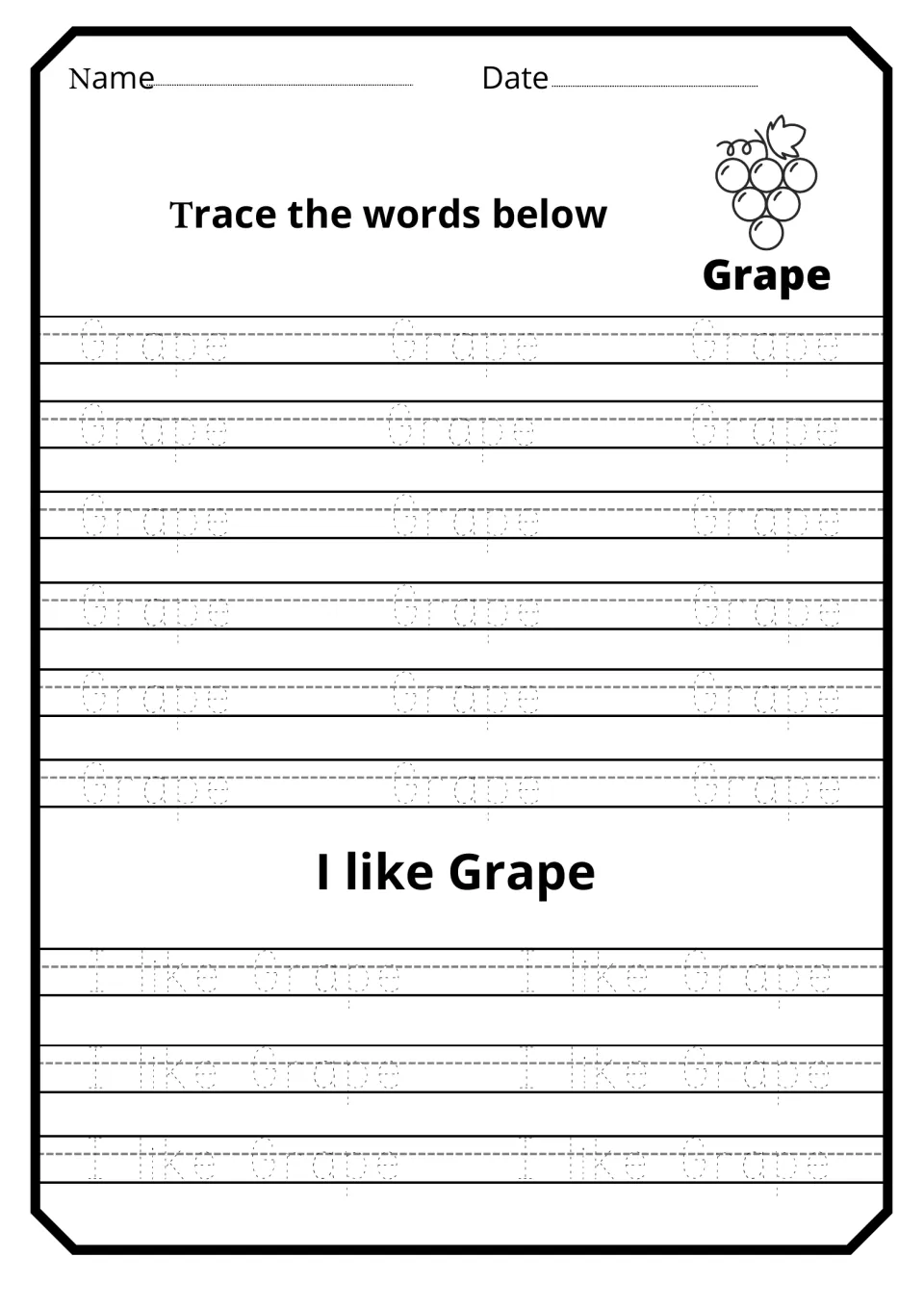Grape word tracing: students trace the dotted word Grape 18 times and then the sentence I like Grape six times beneath it