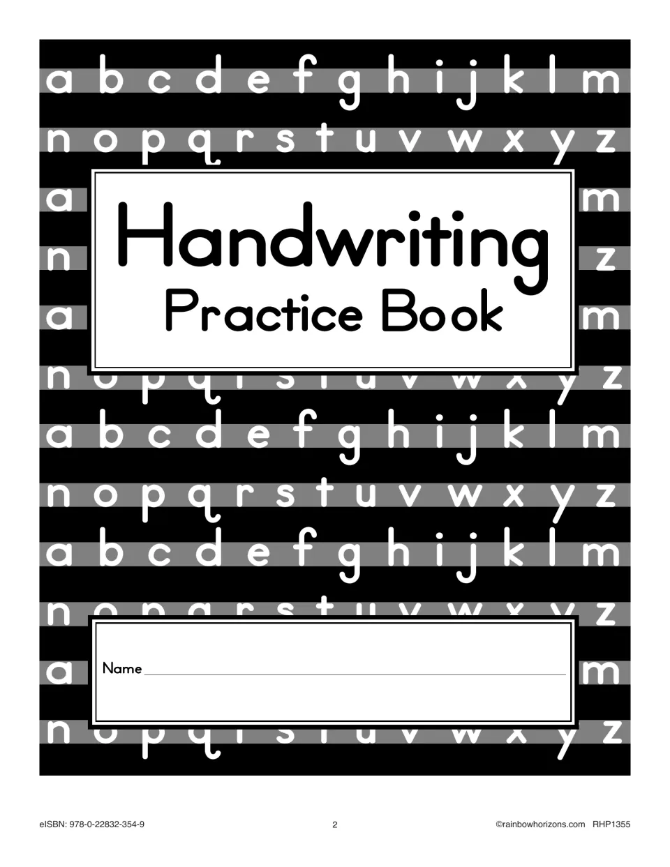 Student booklet cover reading Handwriting Practice Book over rows of lowercase a to z, with a spot for the student's name