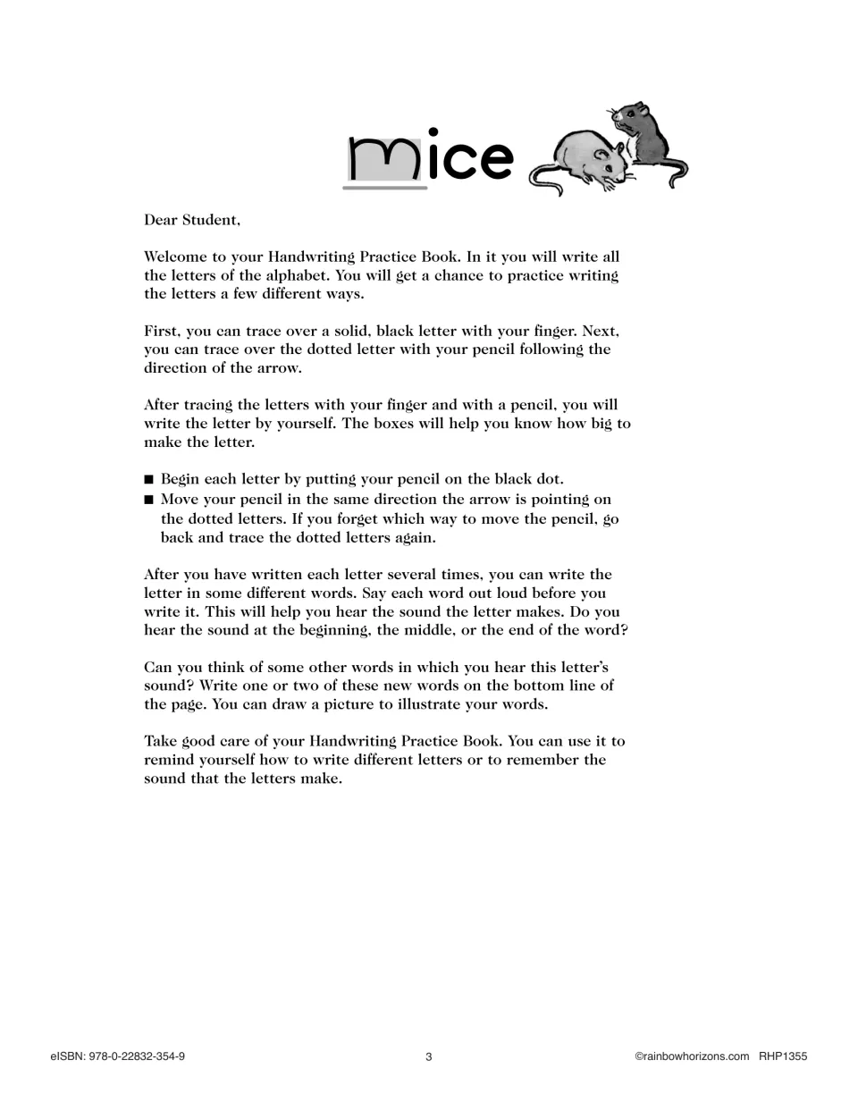 Dear Student letter explaining how to trace each letter by finger, then pencil, start at the dot and follow the arrows