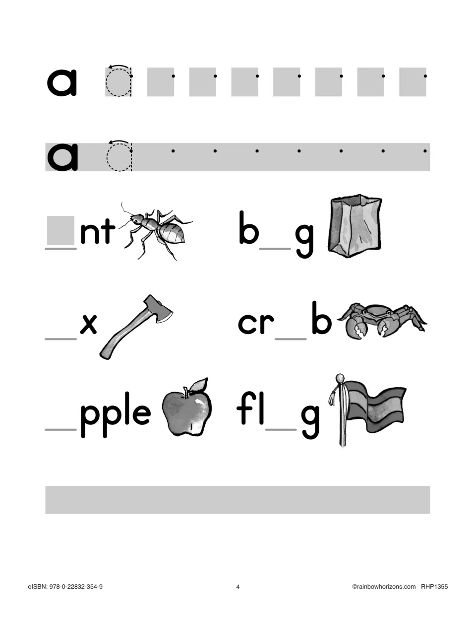 Letter a formation: students trace and write lowercase a, then fill in a for ant, ax, apple, bag, crab and flag