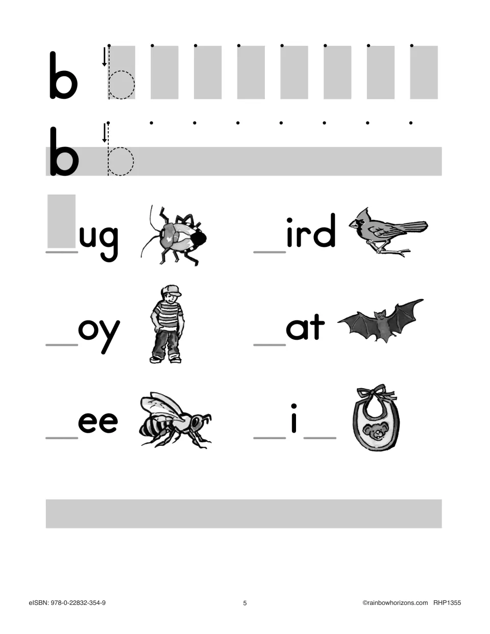 Letter b practice: students trace and write lowercase b, then complete bug, boy, bee, bird, bat and bib with pictures
