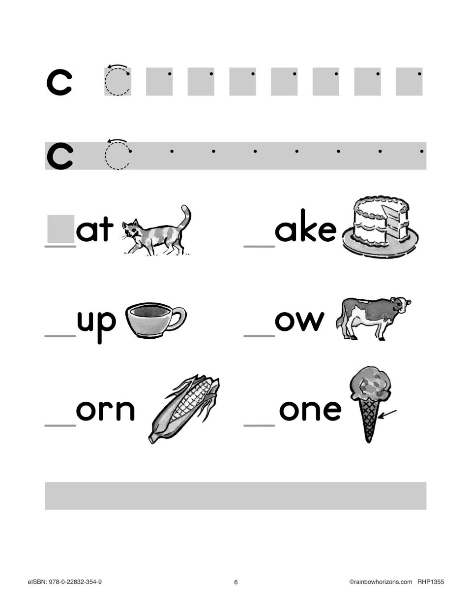 Letter c practice: students trace and write lowercase c, then add c to cat, cup, corn, cake, cow and cone