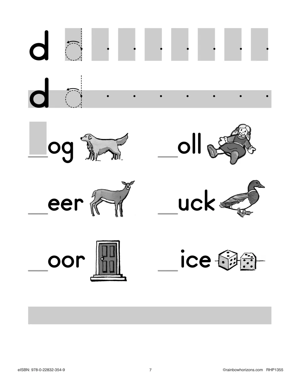 Letter d practice: students trace and write lowercase d, then complete dog, deer, door, doll, duck and dice