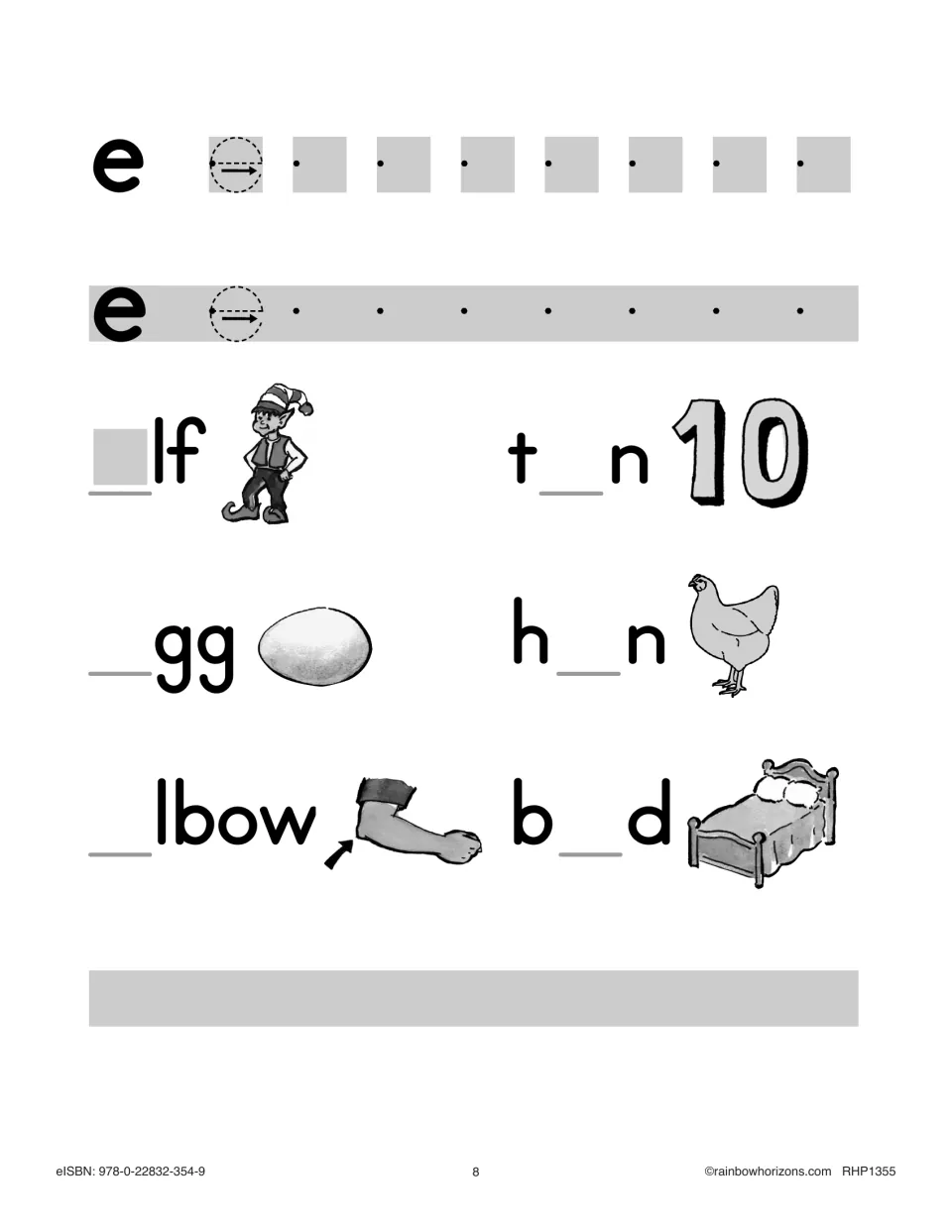 Letter e practice: students trace and write lowercase e, then fill in elf, egg, elbow, ten, hen and bed