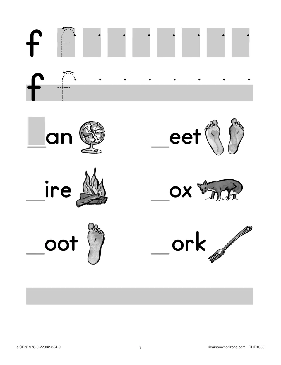 Letter f practice: students trace and write lowercase f, then complete fan, fire, foot, feet, fox and fork