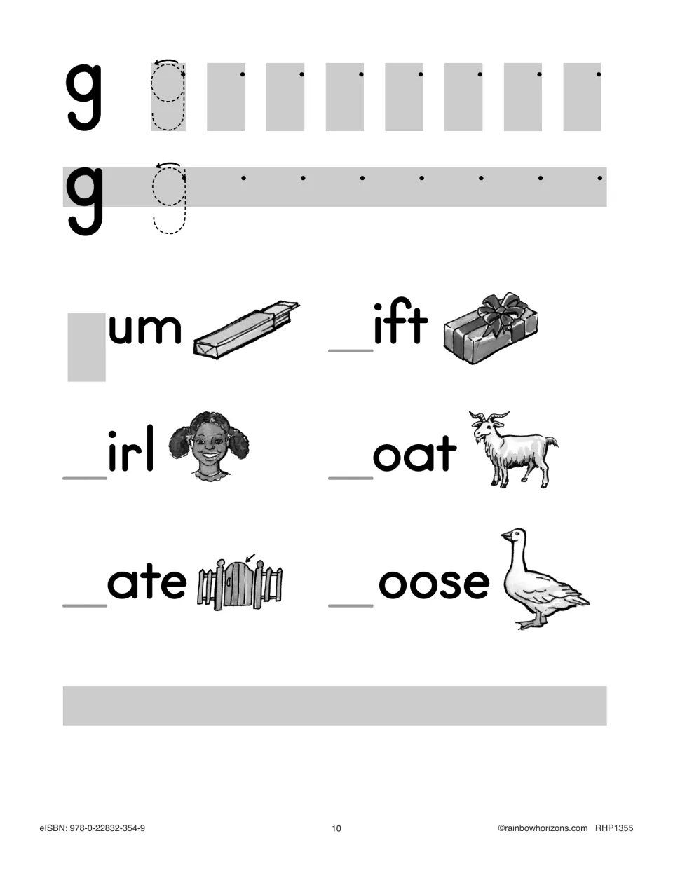 Letter g practice: students trace and write lowercase g with its descender, then complete gum, girl, gate, gift, goat, goose