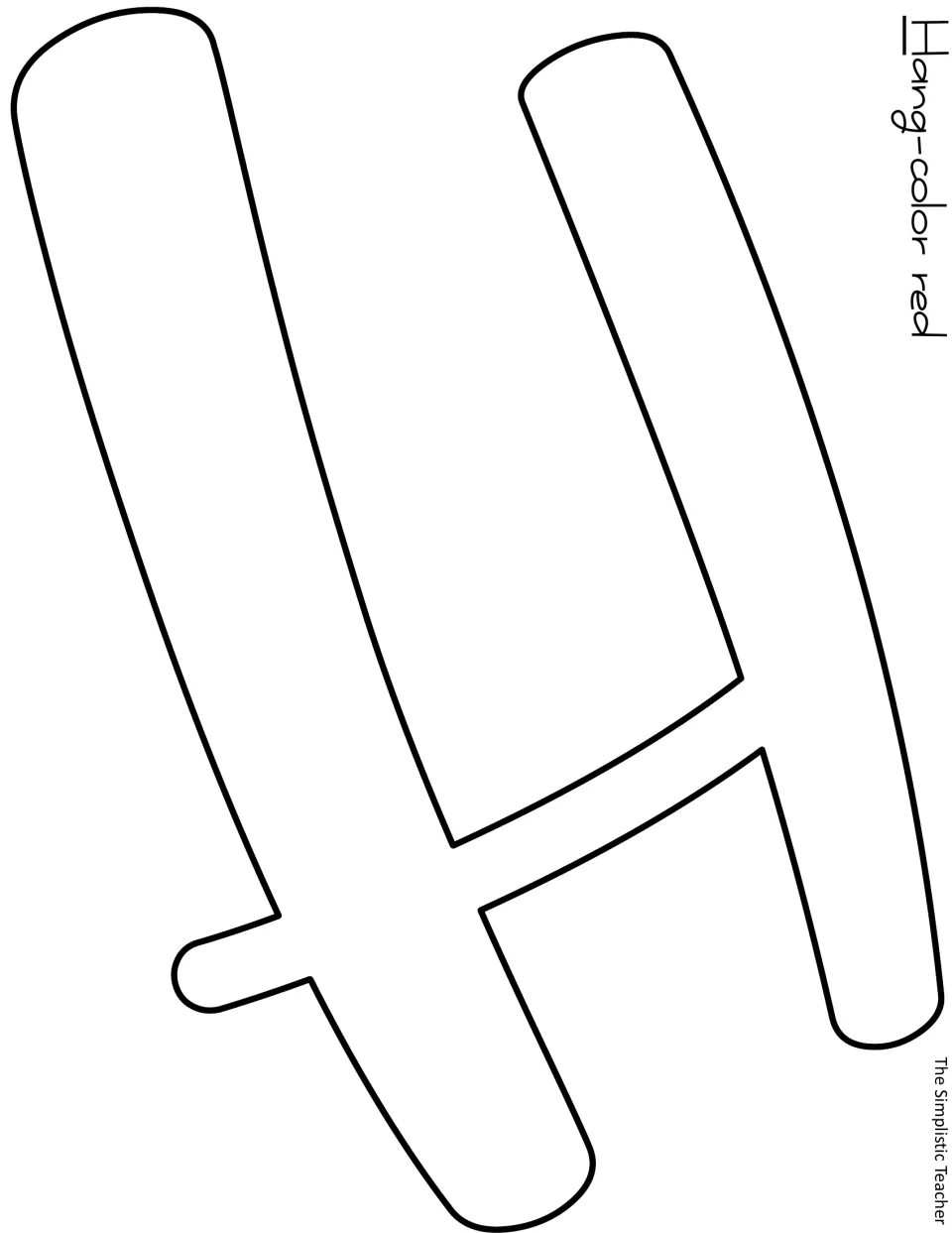 Outline letter template of a large capital H for the word 'Hang', marked to color red, to cut out for the door display