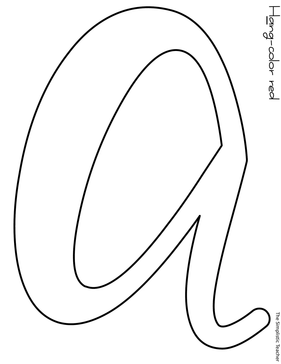Outline letter template of a cursive lowercase a from 'Hang', labeled color red, to cut out and mount on the door