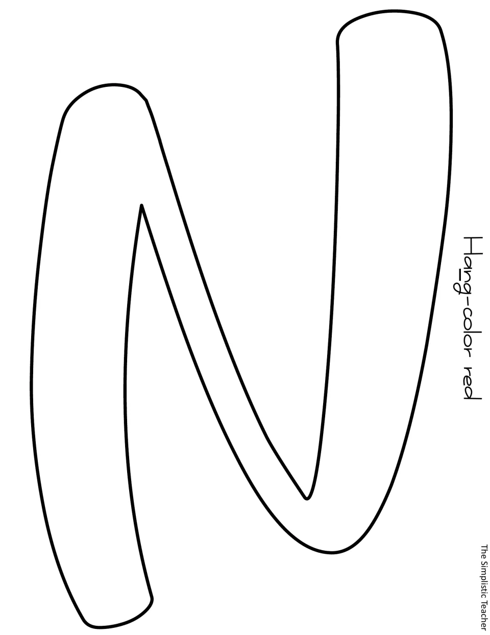Outline letter template of a lowercase n for the word 'Hang', marked to color red, to cut out for the bulletin board