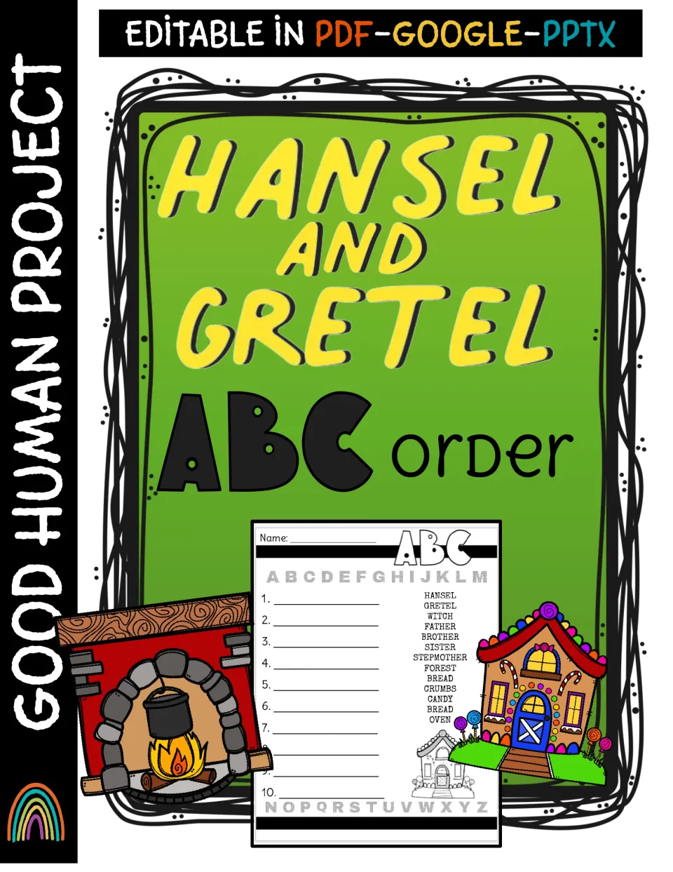 Hansel and Gretel ABC order cover showing a sample sheet of story words to alphabetize beside an oven and candy house